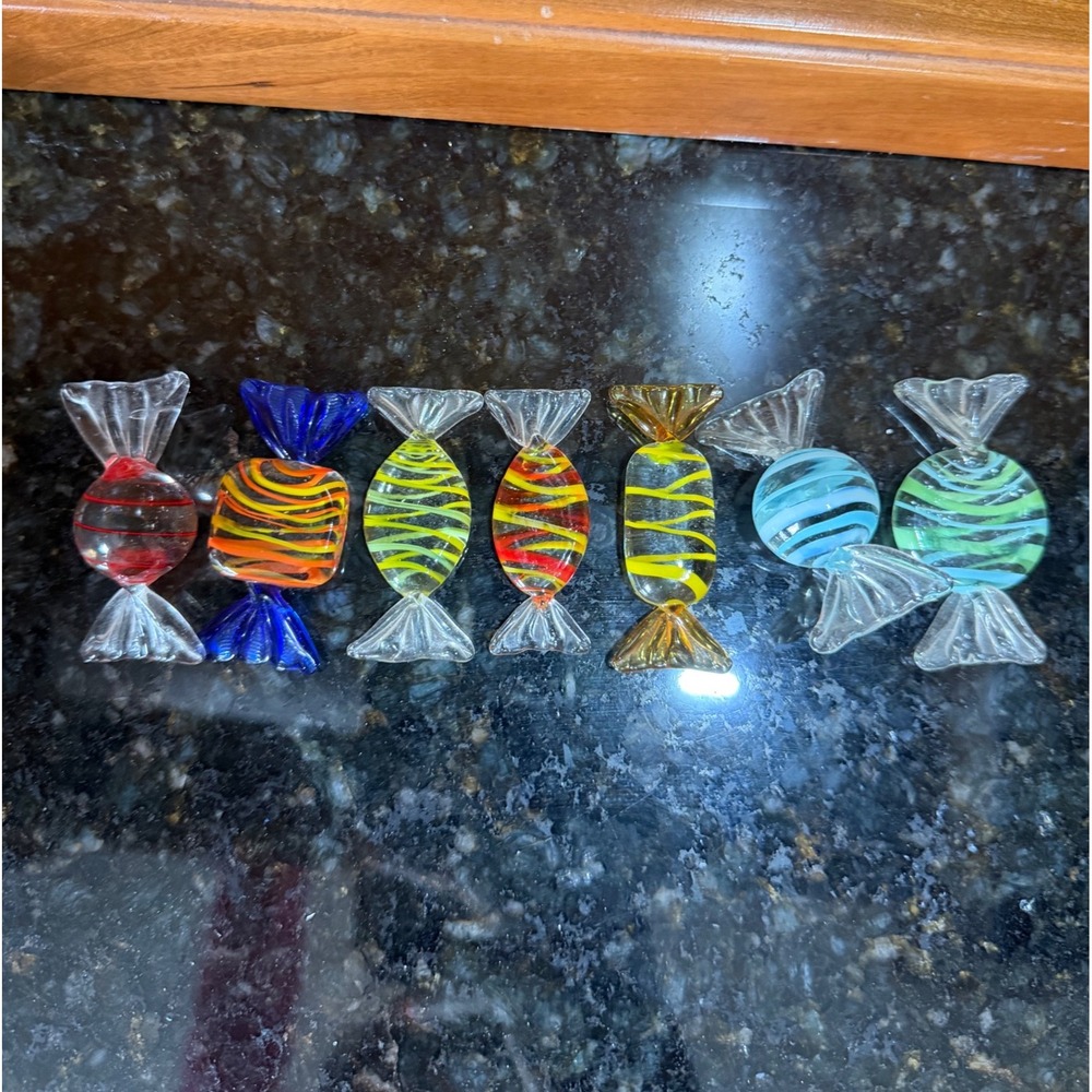Vintage Murano Style Art Glass Candy Figurines Multi Color Swirl Set of 7